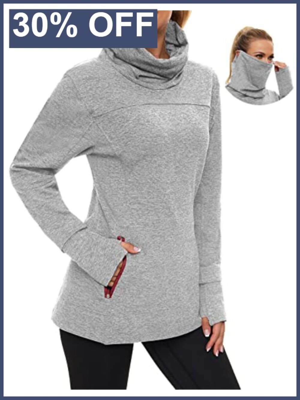 Women's Fleece Running Sweatshirt Cowl Neck Pullover Thumb Holes Neck Gaiter
